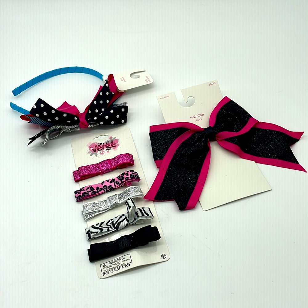 Y2K Three Pc Hair Accessories - Headband Bow Clips - Pink Blue Black Silver